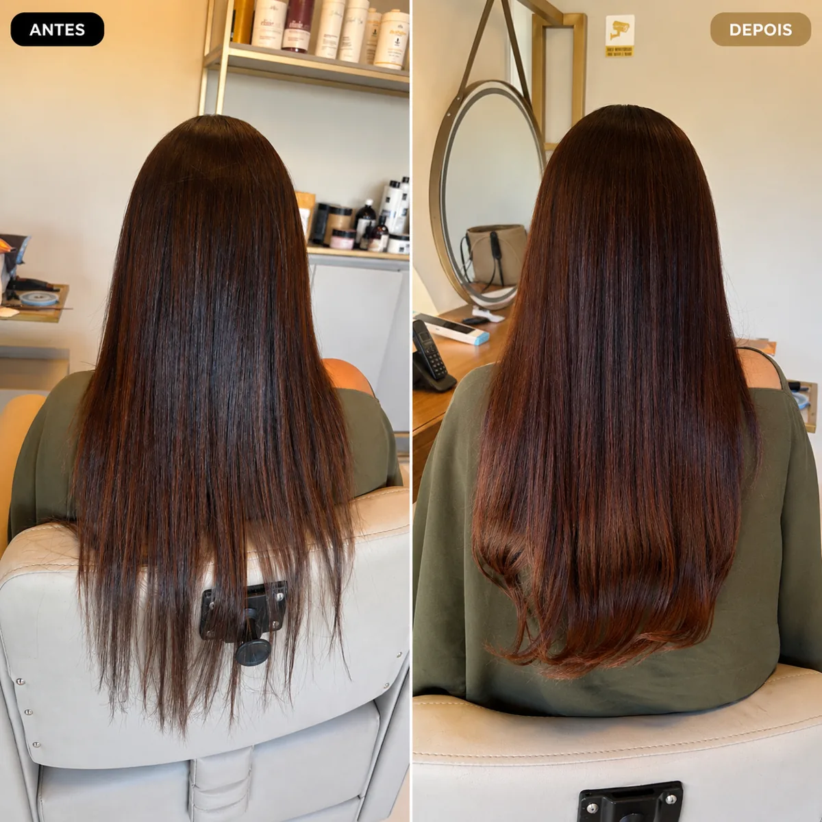 Antes e depois de alongamento em cabelo castanho acobreado