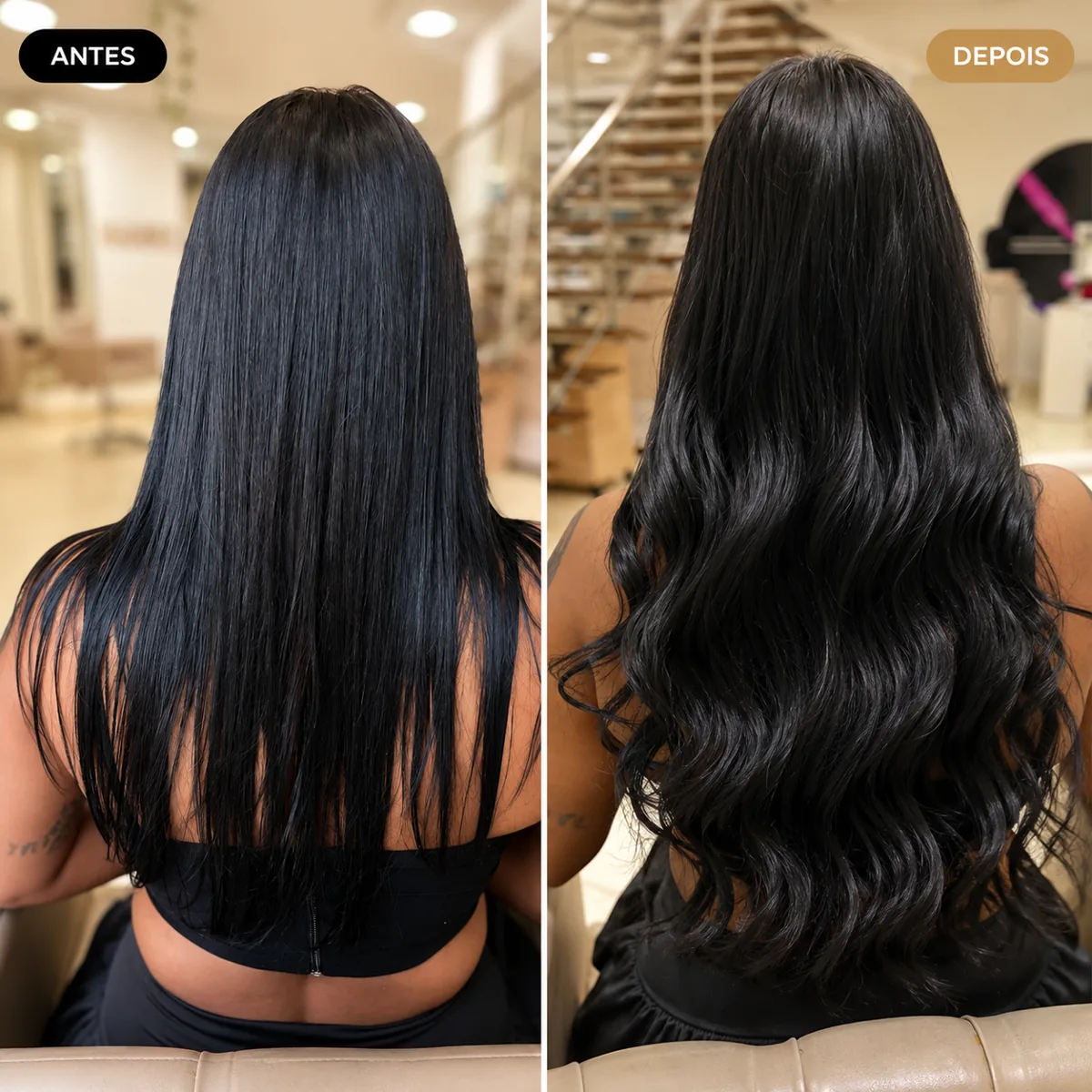 Antes e depois de mega hair em cabelo preto com ondas