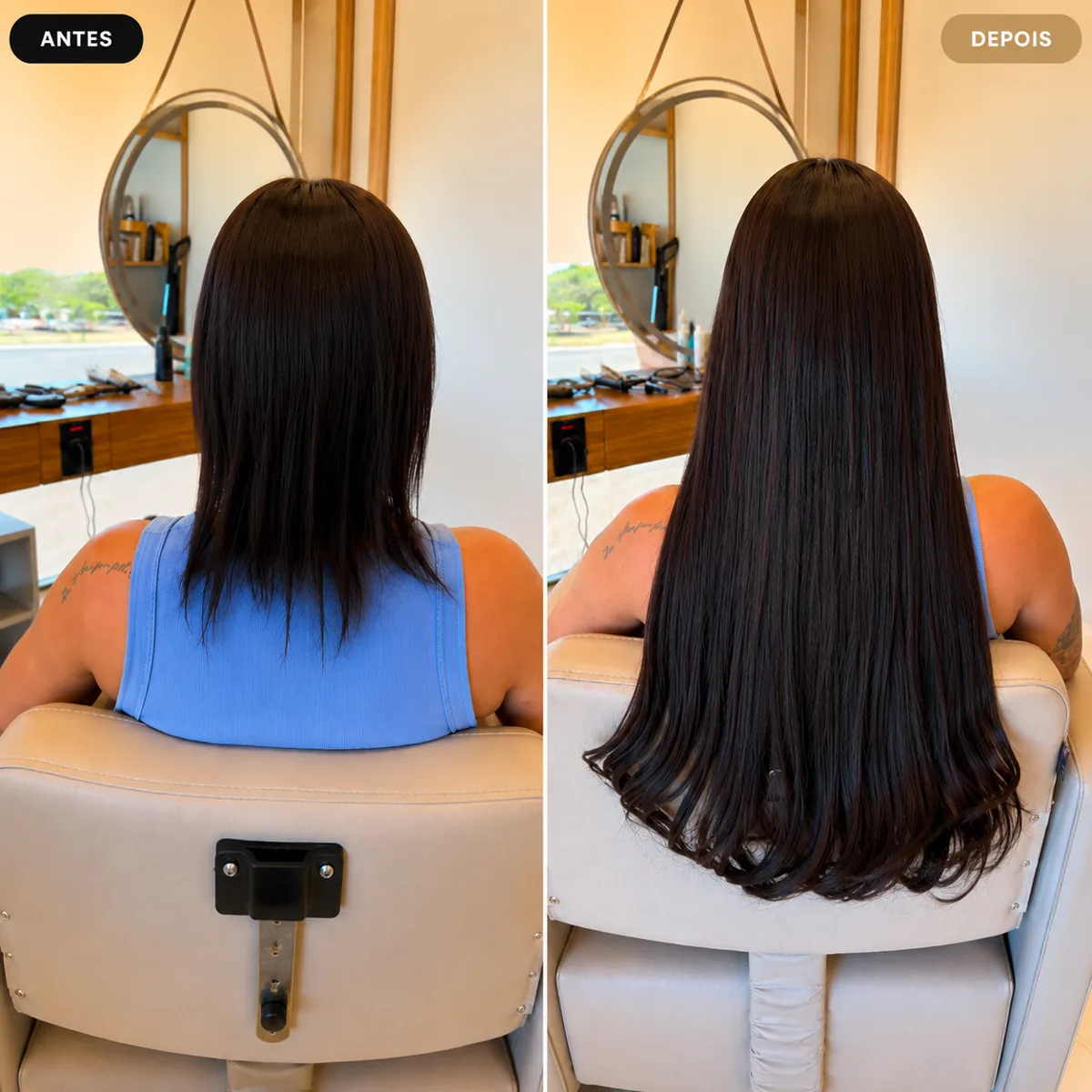 Antes e depois de mega hair com fios longos e alinhados