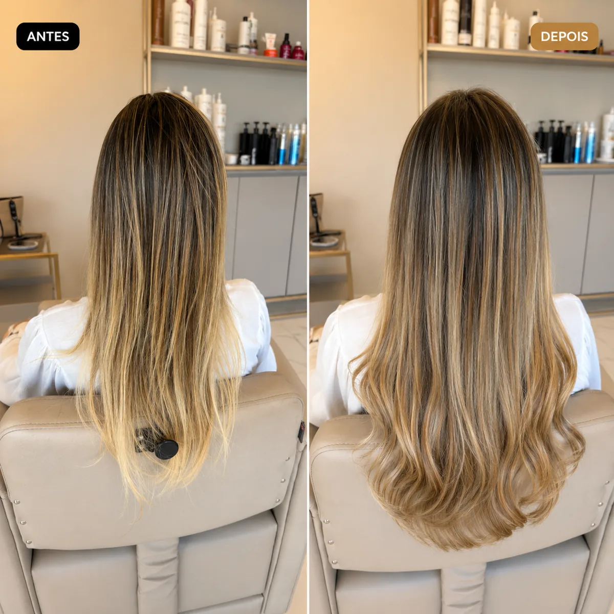 Antes e depois de mega hair em cabelo loiro iluminado